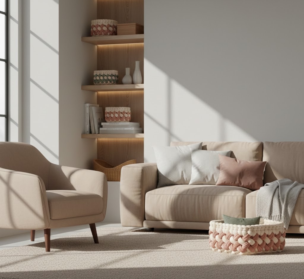 Moderne woonkamer met manden